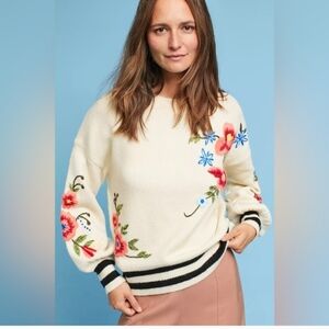 Anthropologie Harlyn Gardenstripe Embroidered Sweater | Small | Floral Knit